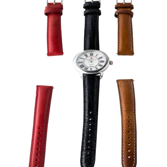 MICHELE Serein Mother of Pearl Diamond Dial Watch w/Extra Black Red Tan Straps - Picture 3 of 4